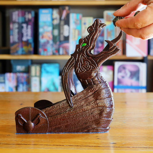 Viking Dragon Longship Dice Tower - 3D Printed, Hand Painted - Walnut